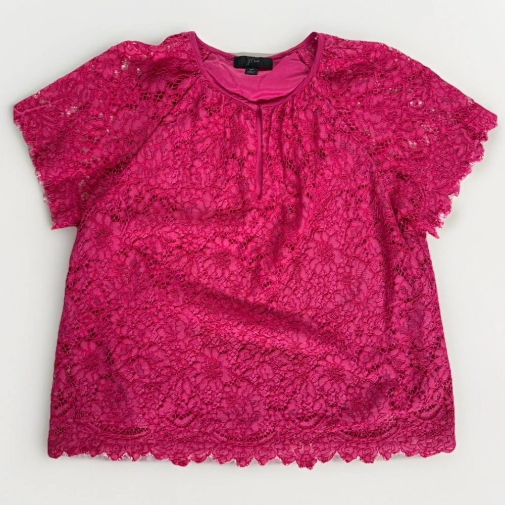 J Crew Short Sleeve Lace Top Lined Blouse Pink Small Petite Pink Flutter Sleeves